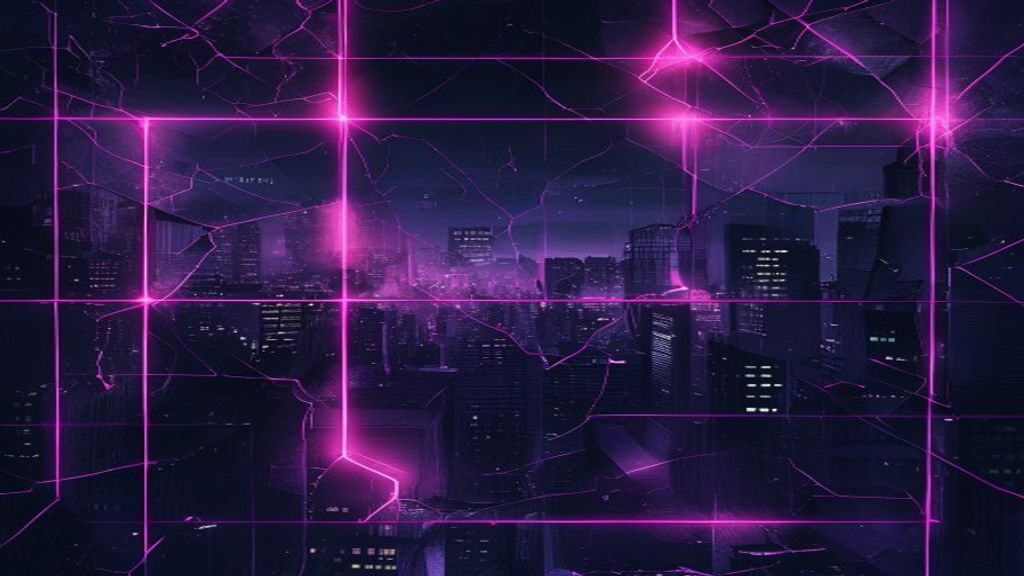 In Falsus key art — shattered glass over a neon-lit city with a pink hexagon grid
